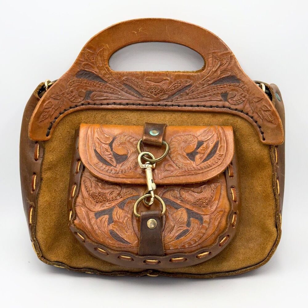 Vintage Hand Tooled Leather Western Shoulder Bag Floral Carved Suede Made in USA